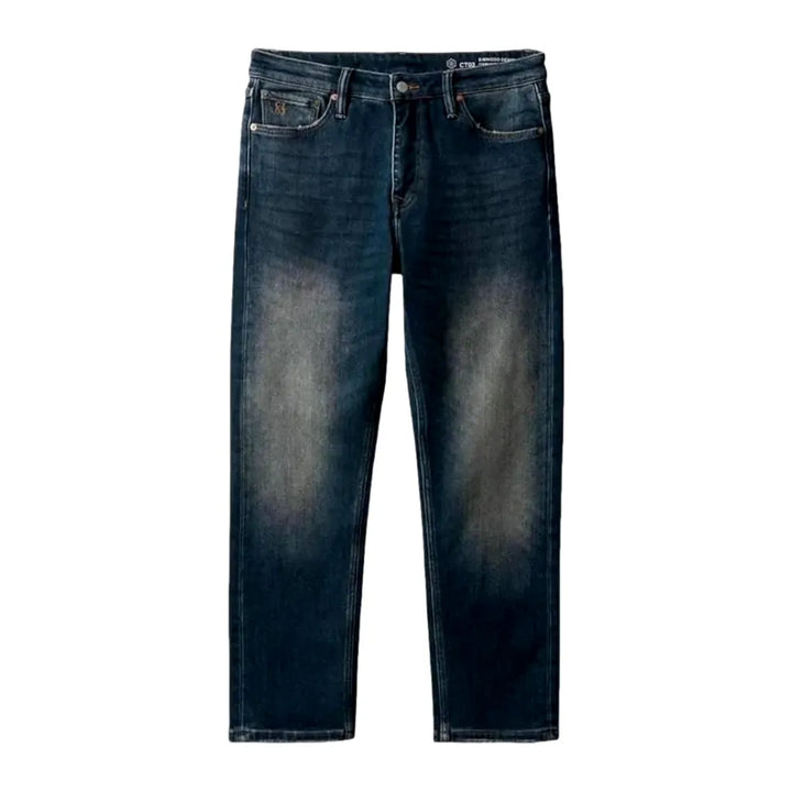 Whiskered Straight-fit Stretchable Men's Jeans - Dark Blue