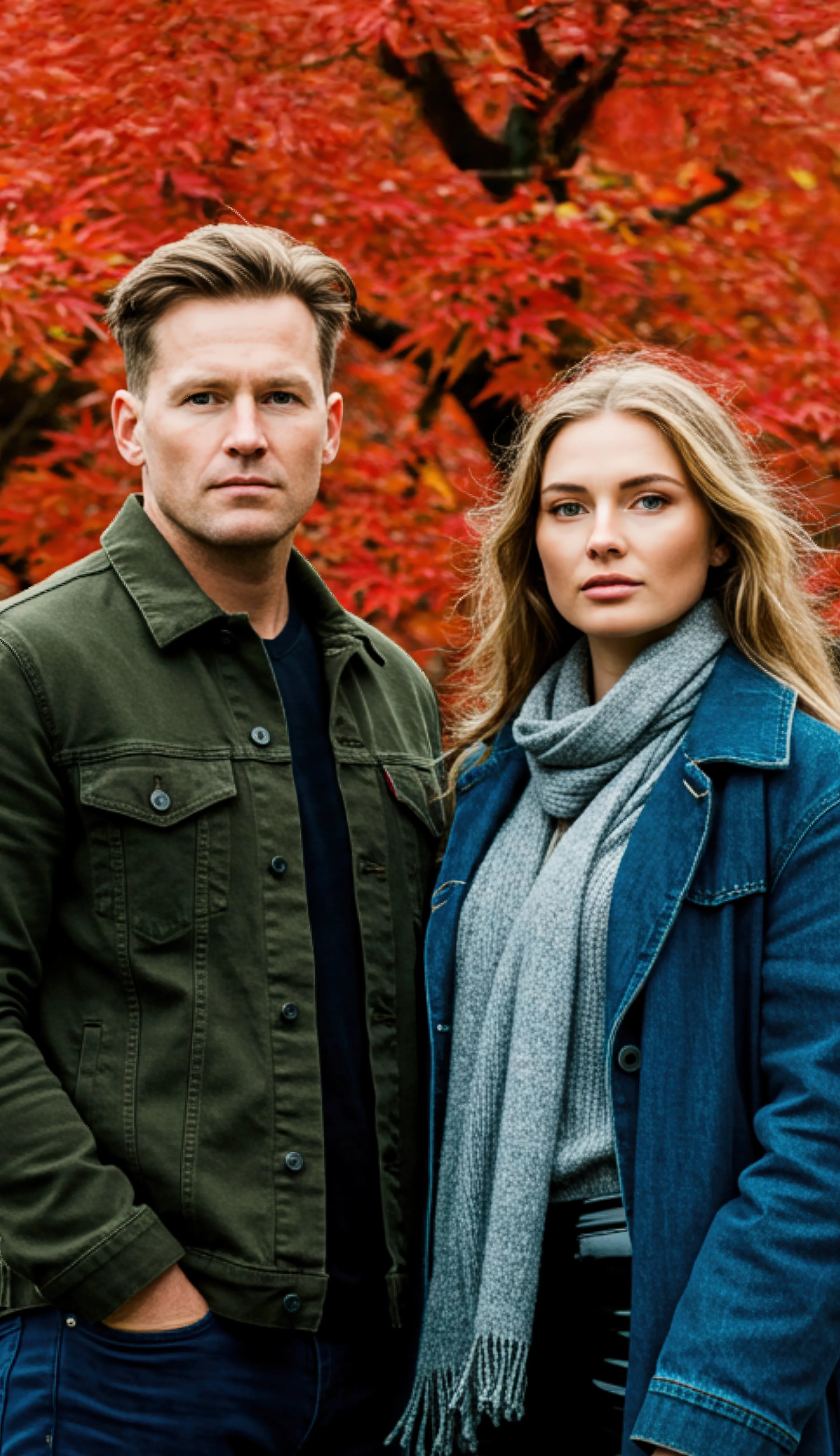 This image shows two people standing together in front of a stunning autumn backdrop. The man on the left is wearing an olive green or khaki-colored jacket over what appears to be a dark shirt, paired with jeans. He has short, styled hair and a serious, confident expression. The woman on the right is wearing a blue denim jacket over a gray scarf, with long blonde hair flowing past her shoulders. She also has a composed, direct gaze toward the camera.
Behind them is a spectacular display of Japanese maple tr